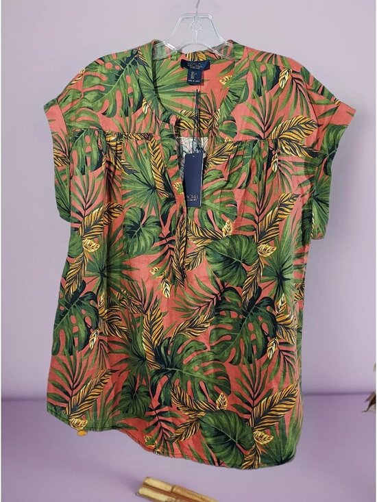Rachel Roy Tops - Rachel Roy Linen Rayon Floral Top L Pullover Sleeveless Button V Neck Beachcore